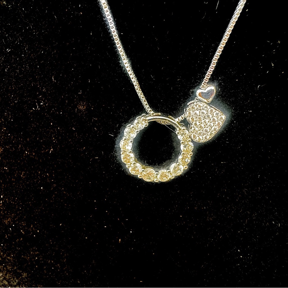 New, Elegant Sterling Silver Circle and Heart Pendants Necklace